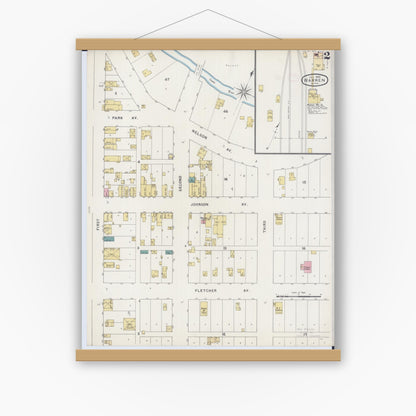 Old map wall art mockup — magnetic wood frame on white wall — Sanborn Fire Insurance Map from Warren, Marshall County, Minnesota (1894), Sheet #0002