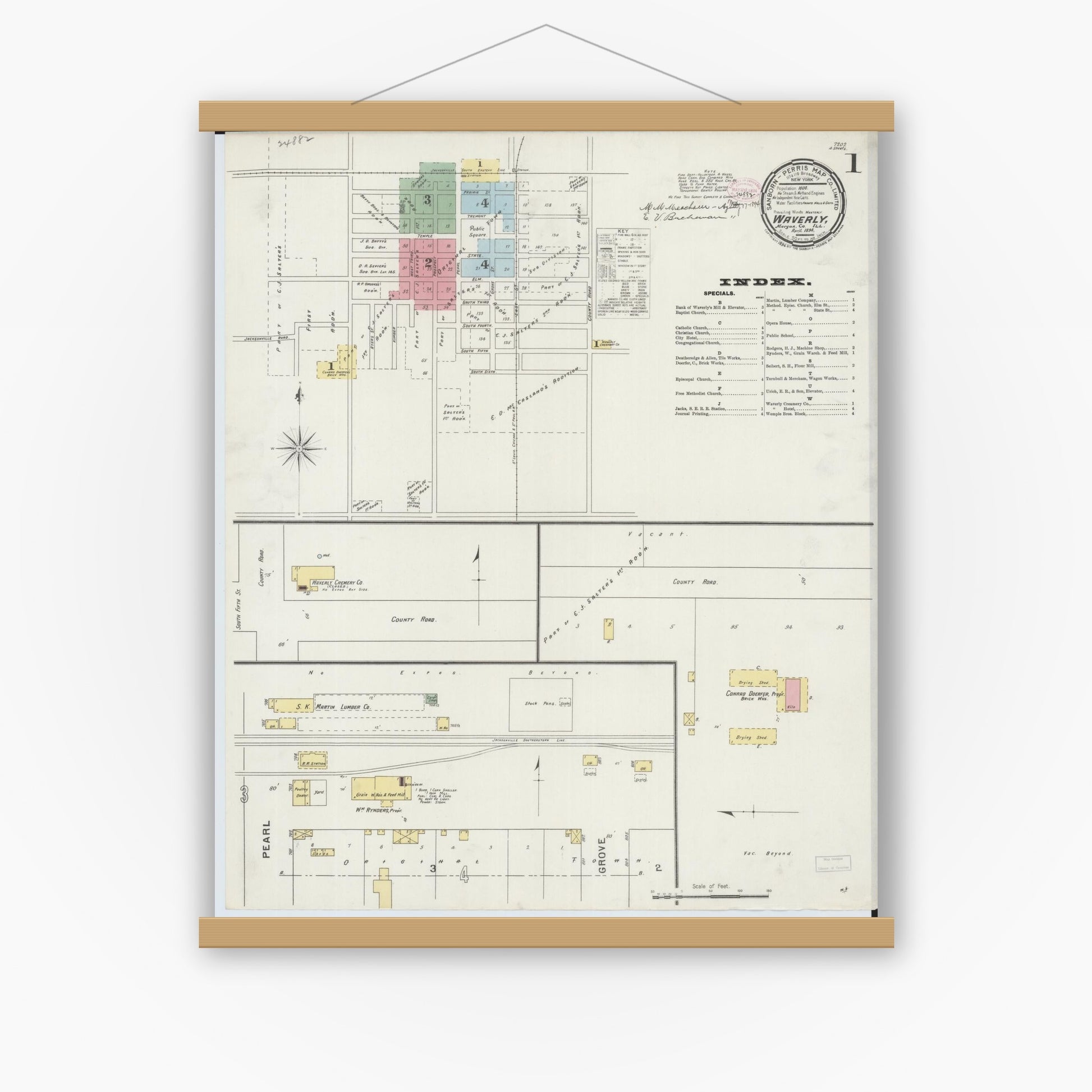 Old map wall art mockup — magnetic wood frame on white wall — Sanborn Fire Insurance Map from Waverly, Morgan County, Illinois (1894) - Complete Map Set
