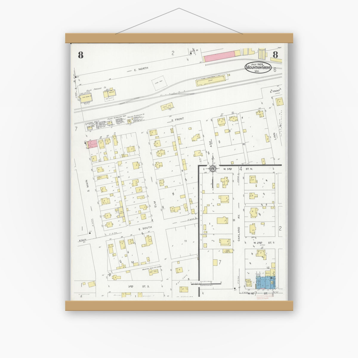 Old map wall art mockup — magnetic wood frame on white wall — Sanborn Fire Insurance Map from Mountain Grove, Wright County, Missouri (1929), Sheet #0008