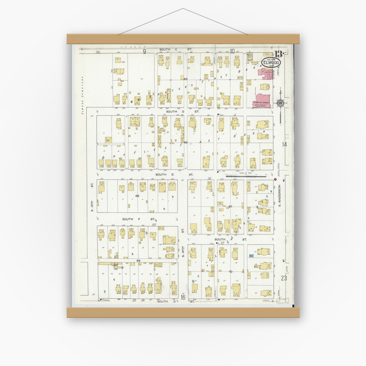 Old map wall art mockup — magnetic wood frame on white wall — Sanborn Fire Insurance Map from Elwood, Madison County, Indiana (1916), Sheet #0013