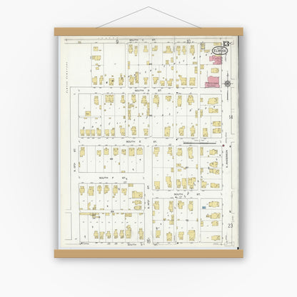 Old map wall art mockup — magnetic wood frame on white wall — Sanborn Fire Insurance Map from Elwood, Madison County, Indiana (1916), Sheet #0013