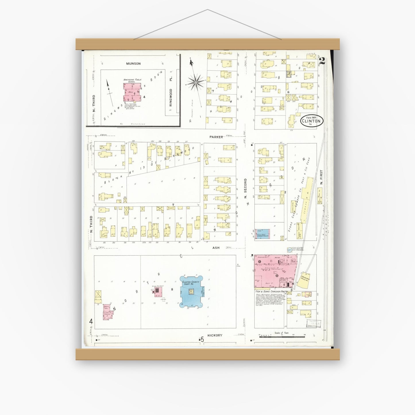 Old map wall art mockup — magnetic wood frame on white wall — Sanborn Fire Insurance Map from Clinton, Clinton County, Iowa (1909), Sheet #0002