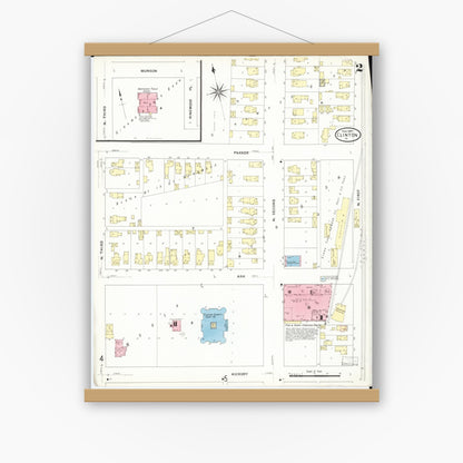 Old map wall art mockup — magnetic wood frame on white wall — Sanborn Fire Insurance Map from Clinton, Clinton County, Iowa (1909), Sheet #0002