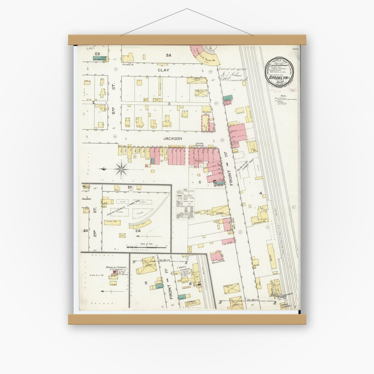 Old map wall art mockup — magnetic wood frame on white wall — Sanborn Fire Insurance Map from Brooklyn, Poweshiek County, Iowa (1894), Sheet #0001