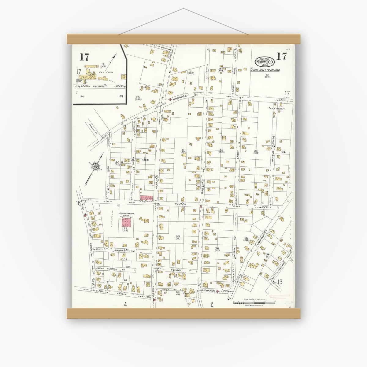 Old map wall art mockup — magnetic wood frame on white wall — Sanborn Fire Insurance Map from Norwood, Norfolk County, Massachusetts (1923), Sheet #0017