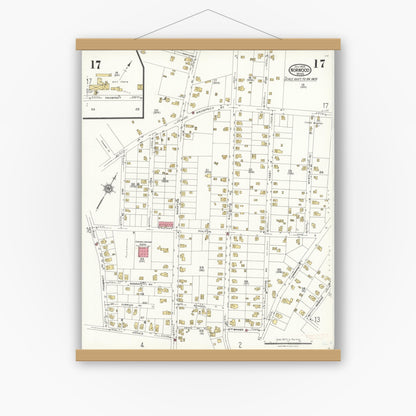 Old map wall art mockup — magnetic wood frame on white wall — Sanborn Fire Insurance Map from Norwood, Norfolk County, Massachusetts (1923), Sheet #0017