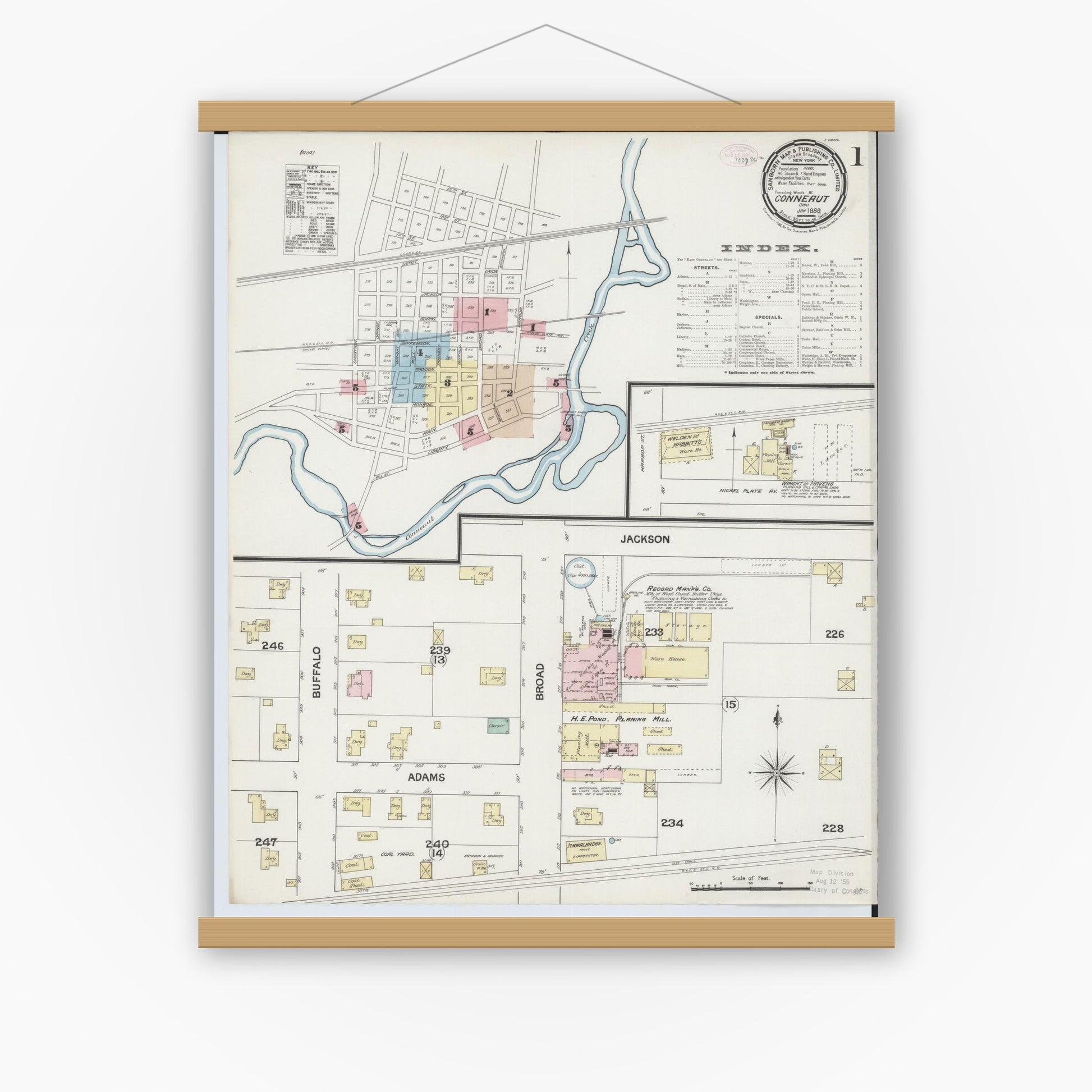 Old map wall art mockup — magnetic wood frame on white wall — Sanborn Fire Insurance Map from Conneaut, Ashtabula County, Ohio (1889), Sheet #0001
