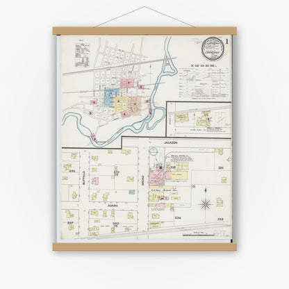 Old map wall art mockup — magnetic wood frame on white wall — Sanborn Fire Insurance Map from Conneaut, Ashtabula County, Ohio (1889), Sheet #0001