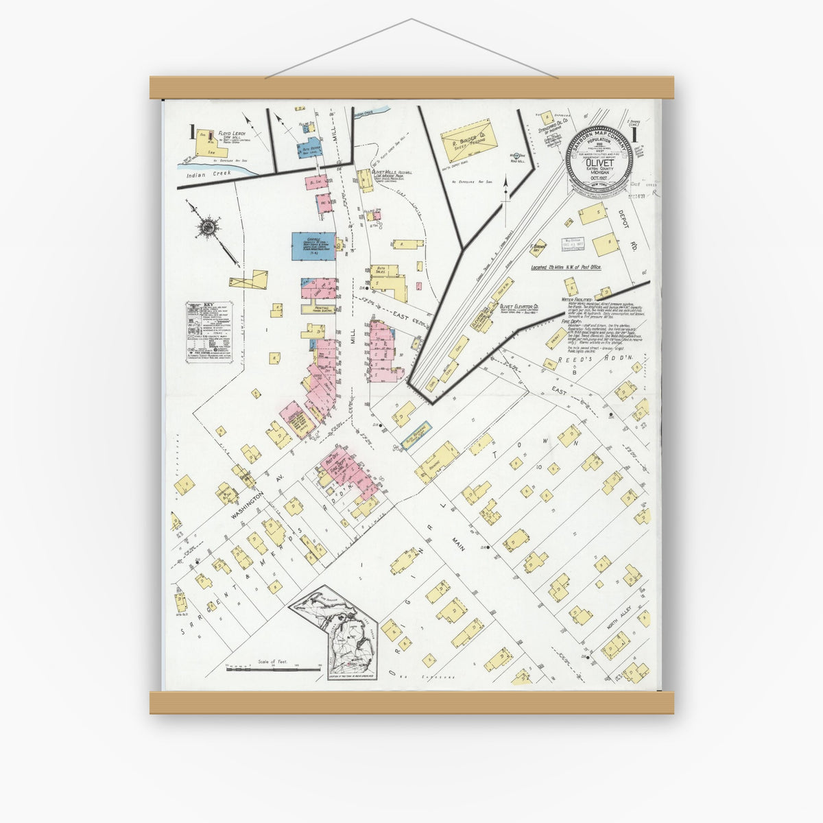 Old map wall art mockup — magnetic wood frame on white wall — Sanborn Fire Insurance Map from Olivet, Eaton County, Michigan (1927), Sheet #0001