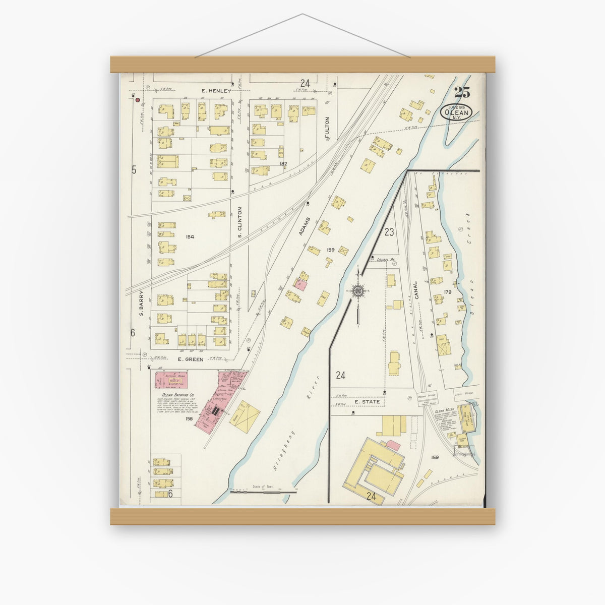 Old map wall art mockup — magnetic wood frame on white wall — Sanborn Fire Insurance Map from Olean, Cattaraugus County, New York (1915), Sheet #0025