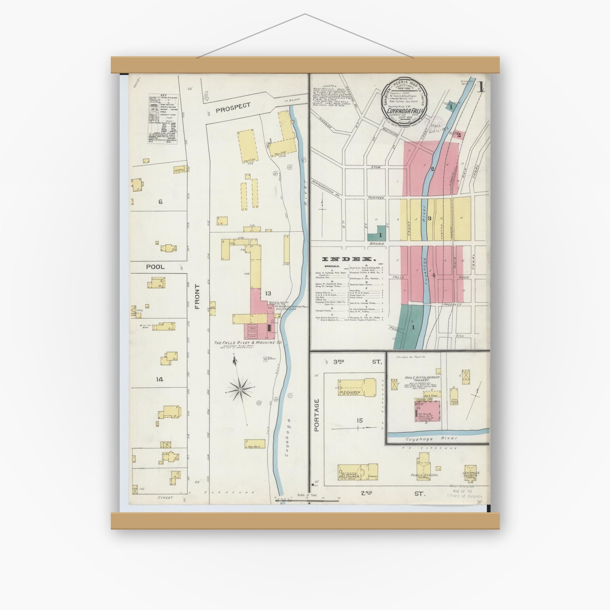 Old map wall art mockup — magnetic wood frame on white wall — Sanborn Fire Insurance Map from Cuyahoga Falls, Summit County, Ohio (1893), Sheet #0001