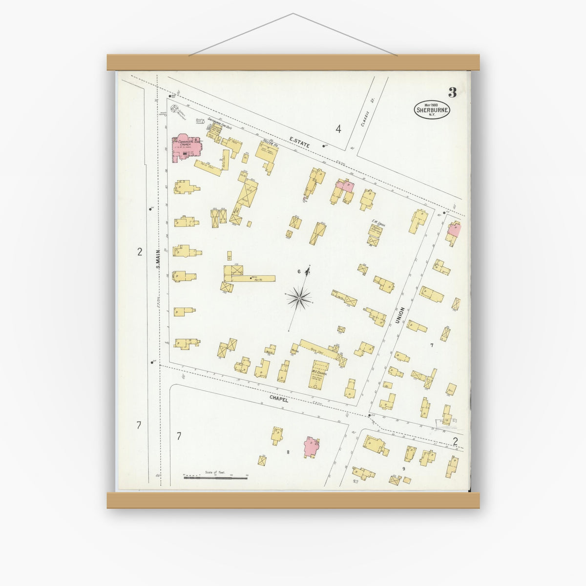 Old map wall art mockup — magnetic wood frame on white wall — Sanborn Fire Insurance Map from Sherburne, Chenango County, New York (1900), Sheet #0003