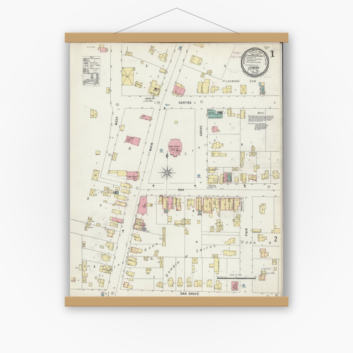 Old map wall art mockup — magnetic wood frame on white wall — Sanborn Fire Insurance Map from Juneau, Dodge County, Wisconsin (1897) - Complete Map Set