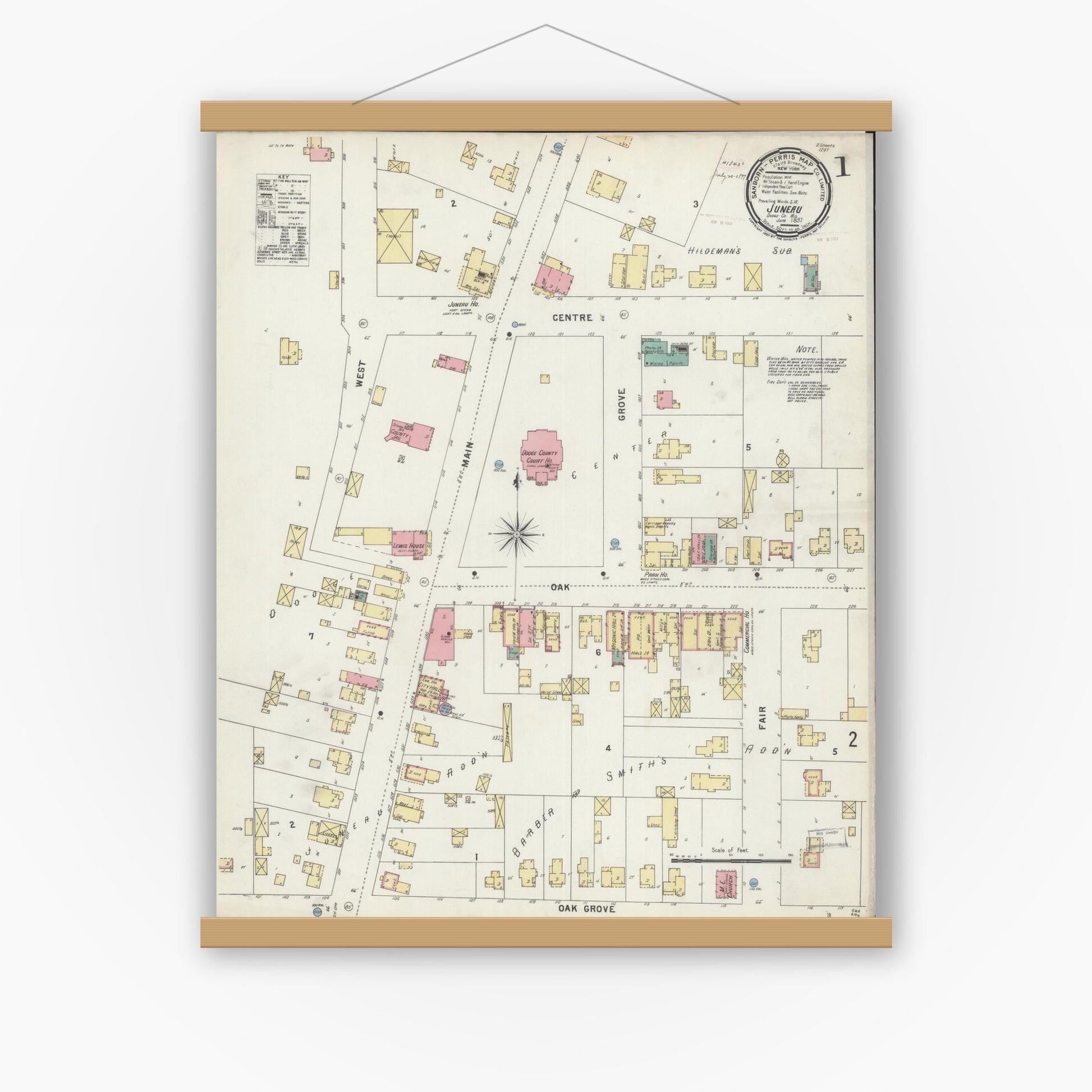 Old map wall art mockup — magnetic wood frame on white wall — Sanborn Fire Insurance Map from Juneau, Dodge County, Wisconsin (1897) - Complete Map Set