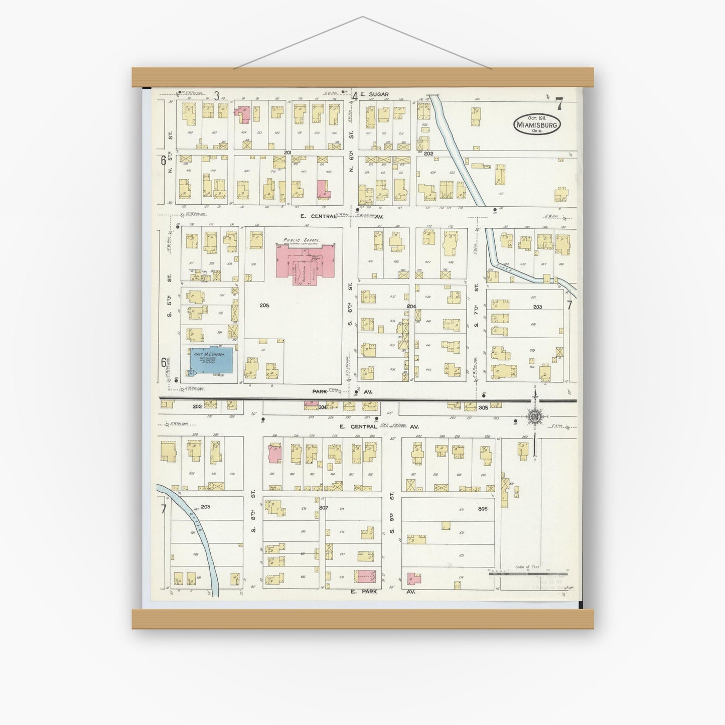 Old map wall art mockup — magnetic wood frame on white wall — Sanborn Fire Insurance Map from Miamisburg, Montgomery County, Ohio (1911), Sheet #0007