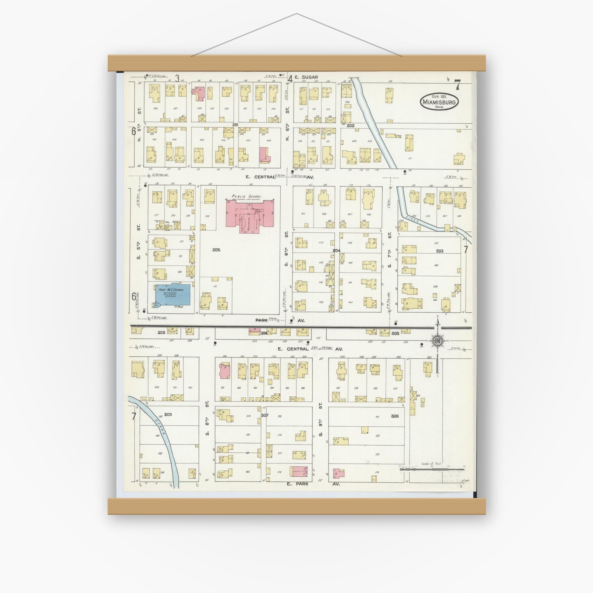 Old map wall art mockup — magnetic wood frame on white wall — Sanborn Fire Insurance Map from Miamisburg, Montgomery County, Ohio (1911), Sheet #0007