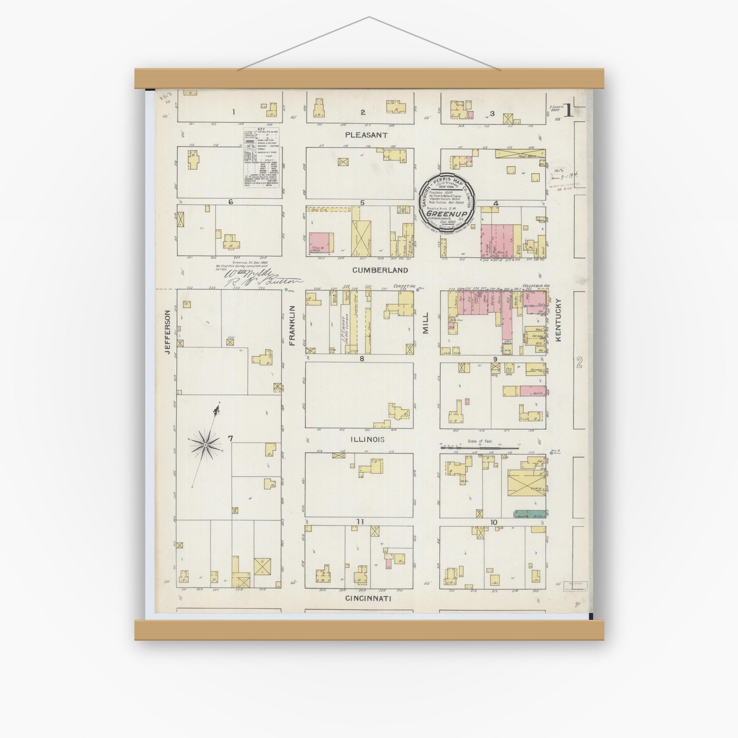 Old map wall art mockup — magnetic wood frame on white wall — Sanborn Fire Insurance Map from Greenup, Cumberland County, Illinois (1893) - Complete Map Set