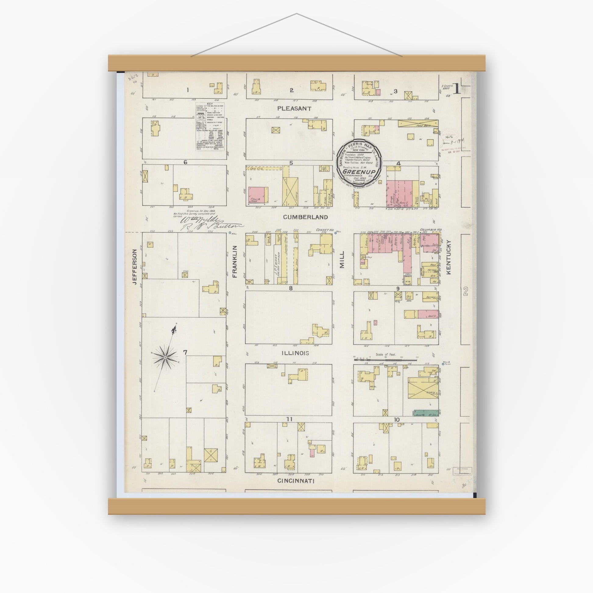 Old map wall art mockup — magnetic wood frame on white wall — Sanborn Fire Insurance Map from Greenup, Cumberland County, Illinois (1893) - Complete Map Set