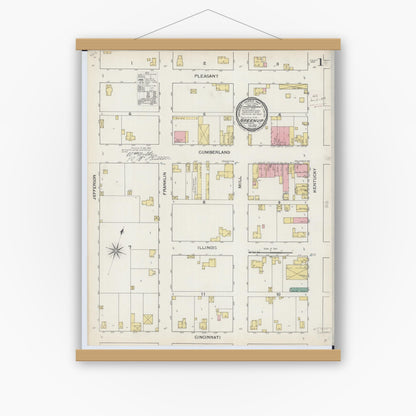 Old map wall art mockup — magnetic wood frame on white wall — Sanborn Fire Insurance Map from Greenup, Cumberland County, Illinois (1893) - Complete Map Set
