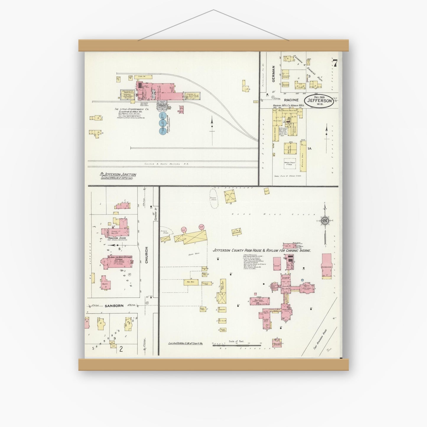 Old map wall art mockup — magnetic wood frame on white wall — Sanborn Fire Insurance Map from Jefferson, Jefferson County, Wisconsin (1909), Sheet #0007