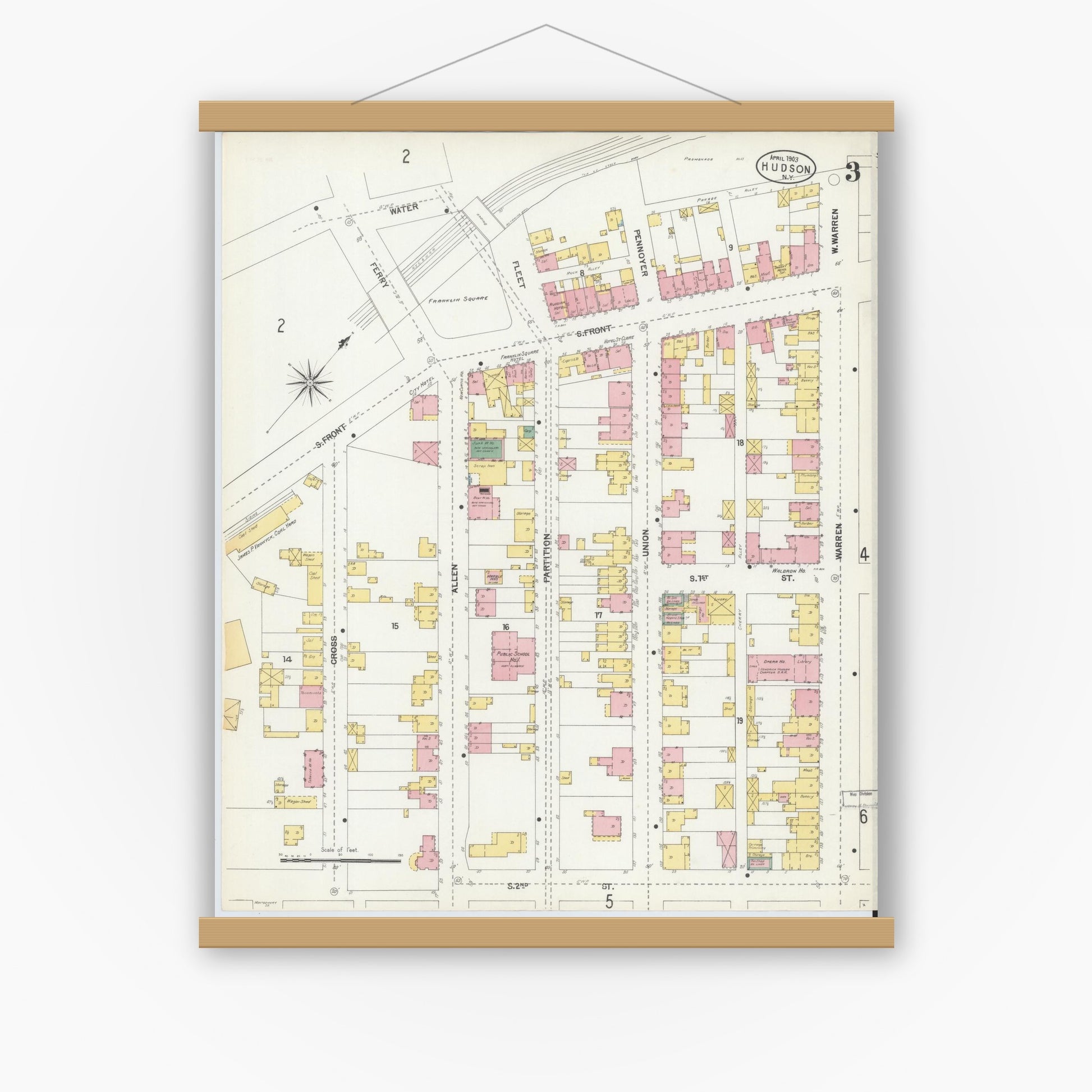 Old map wall art mockup — magnetic wood frame on white wall — Sanborn Fire Insurance Map from Hudson, Columbia County, New York (1903), Sheet #0003
