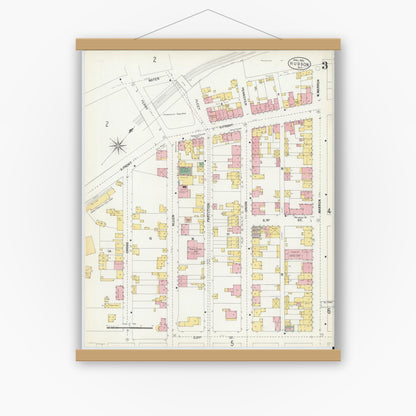 Old map wall art mockup — magnetic wood frame on white wall — Sanborn Fire Insurance Map from Hudson, Columbia County, New York (1903), Sheet #0003