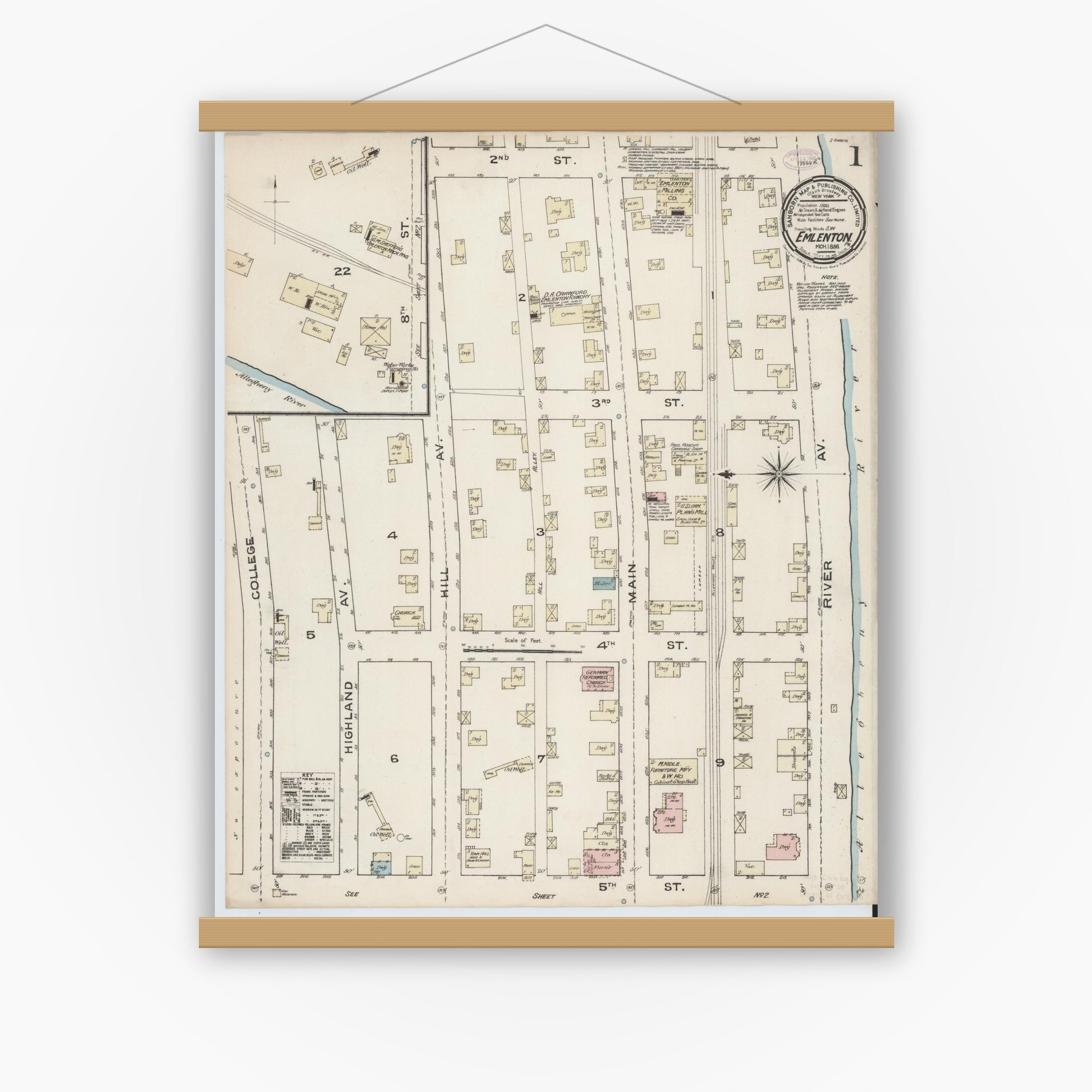 Old map wall art mockup — magnetic wood frame on white wall — Sanborn Fire Insurance Map from Emlenton, Venango County, Pennsylvania (1886) - Complete Map Set