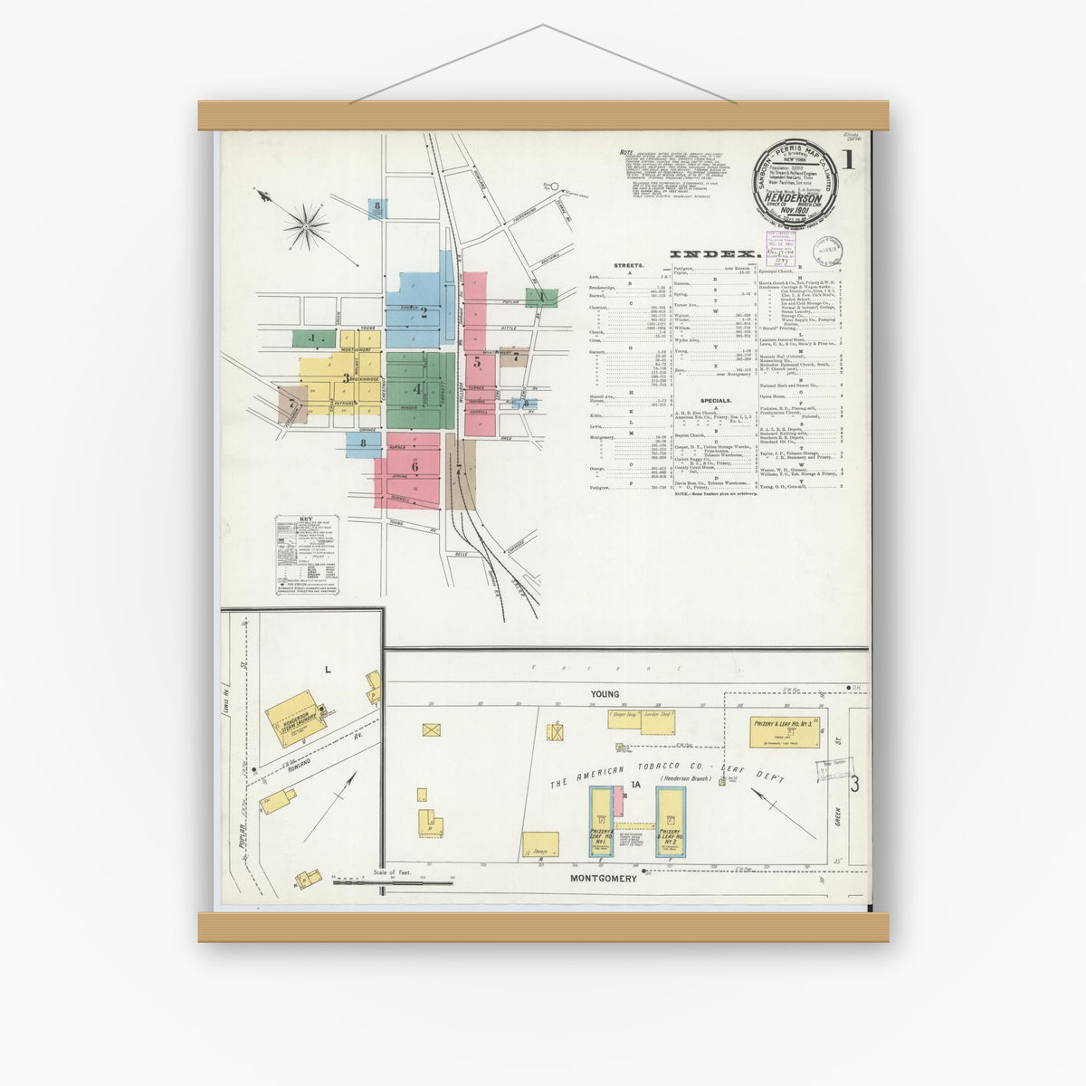 Old map wall art mockup — magnetic wood frame on white wall — Sanborn Fire Insurance Map from Henderson, Vance County, North Carolina (1901) - Complete Map Set