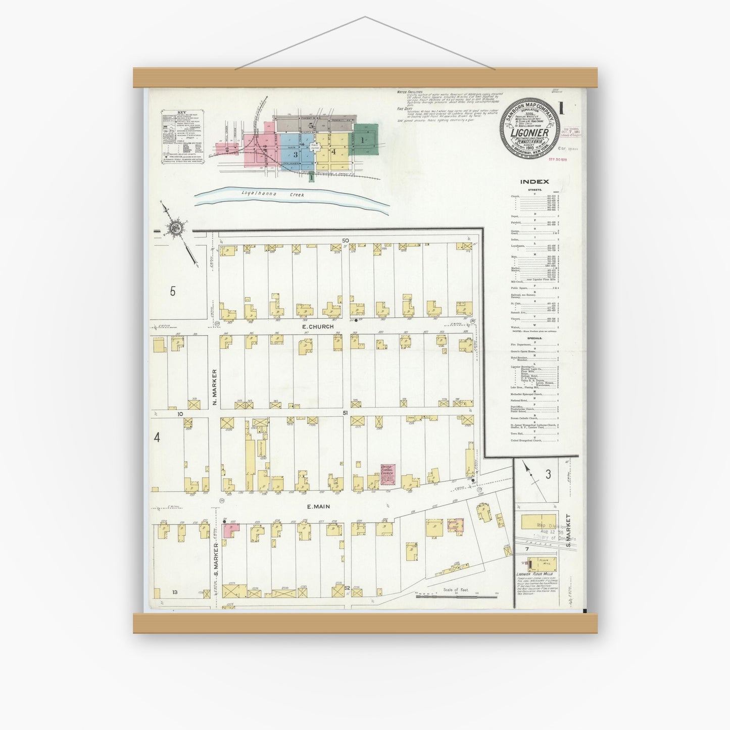 Old map wall art mockup — magnetic wood frame on white wall — Sanborn Fire Insurance Map from Ligonier, Westmoreland County, Pennsylvania (1910) - Complete Map Set