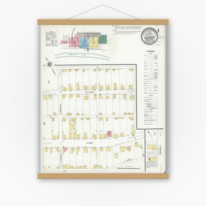 Old map wall art mockup — magnetic wood frame on white wall — Sanborn Fire Insurance Map from Ligonier, Westmoreland County, Pennsylvania (1910) - Complete Map Set