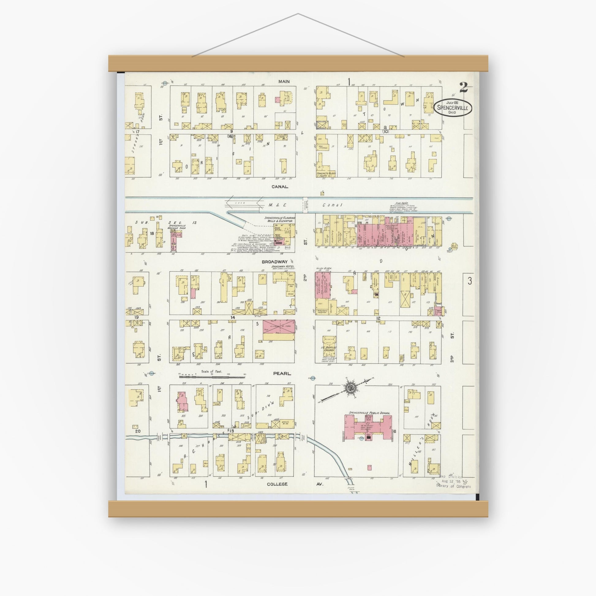 Old map wall art mockup — magnetic wood frame on white wall — Sanborn Fire Insurance Map from Spencerville, Allen County, Ohio (1911), Sheet #0002