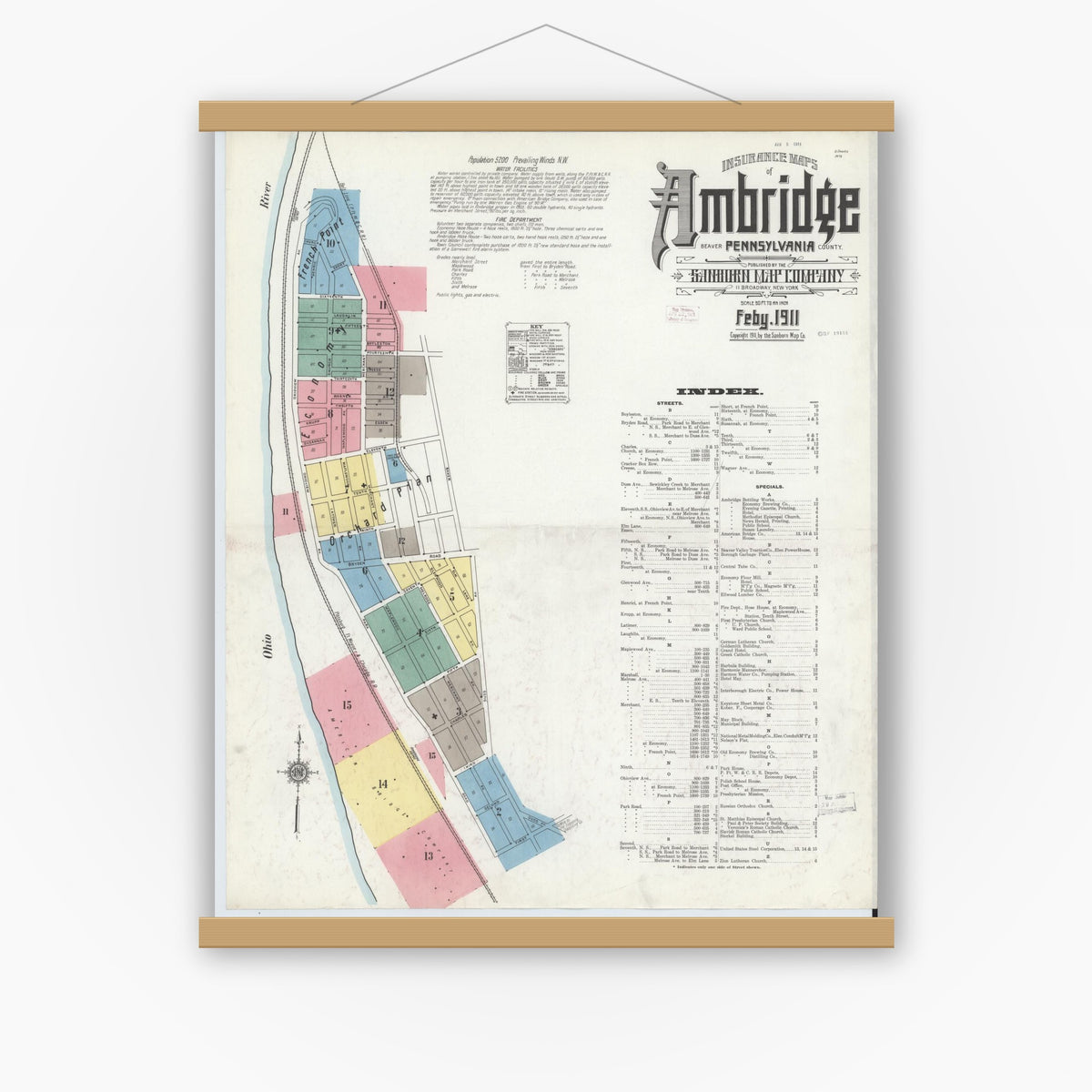 Old map wall art mockup — magnetic wood frame on white wall — Sanborn Fire Insurance Map from Ambridge, Beaver County, Pennsylvania (1911), Sheet #0001