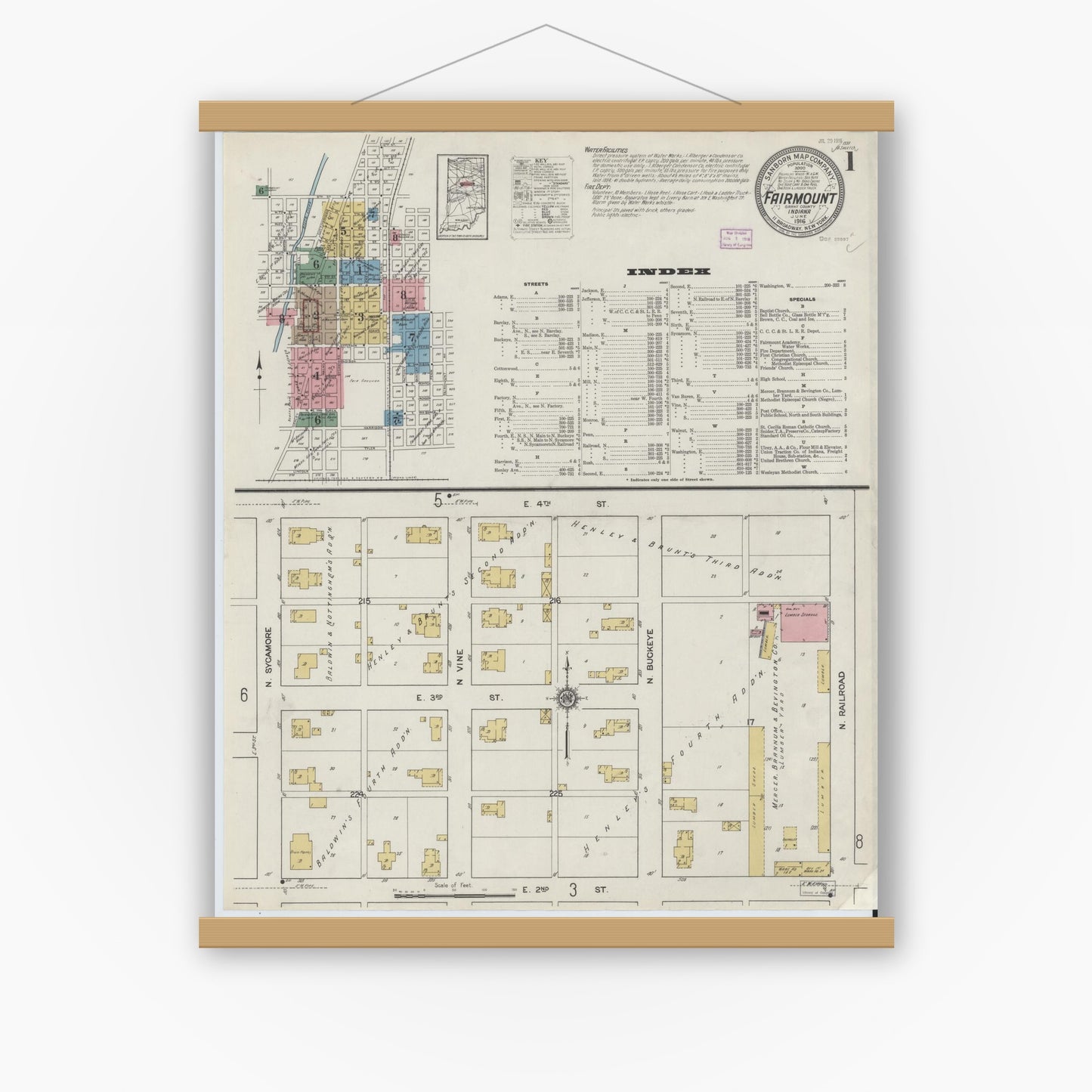 Old map wall art mockup — magnetic wood frame on white wall — Sanborn Fire Insurance Map from Fairmount, Grant County, Indiana (1916), Sheet #0001