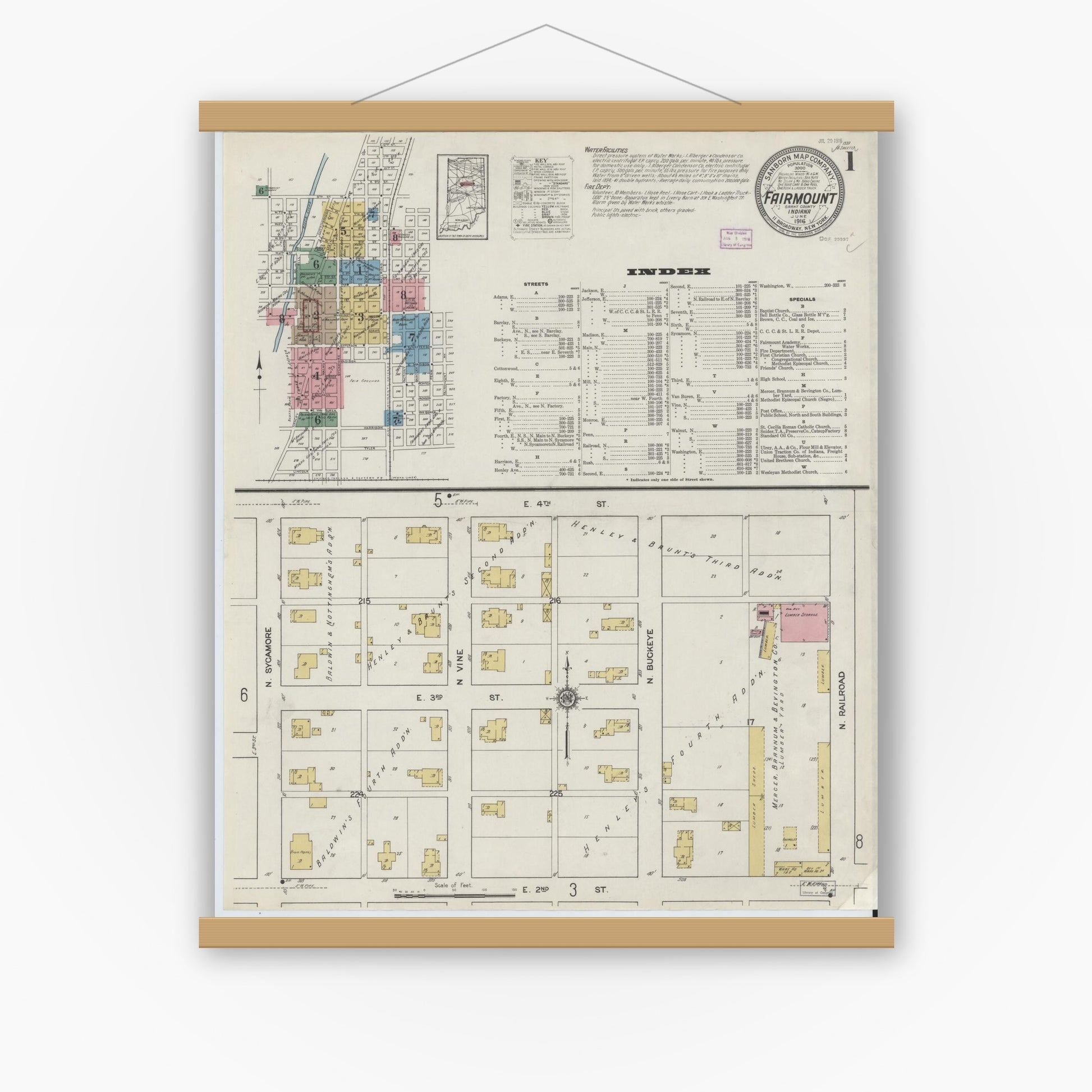 Old map wall art mockup — magnetic wood frame on white wall — Sanborn Fire Insurance Map from Fairmount, Grant County, Indiana (1916), Sheet #0001