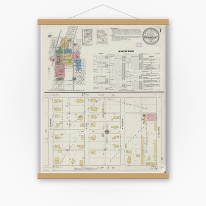 Old map wall art mockup — magnetic wood frame on white wall — Sanborn Fire Insurance Map from Fairmount, Grant County, Indiana (1916), Sheet #0001