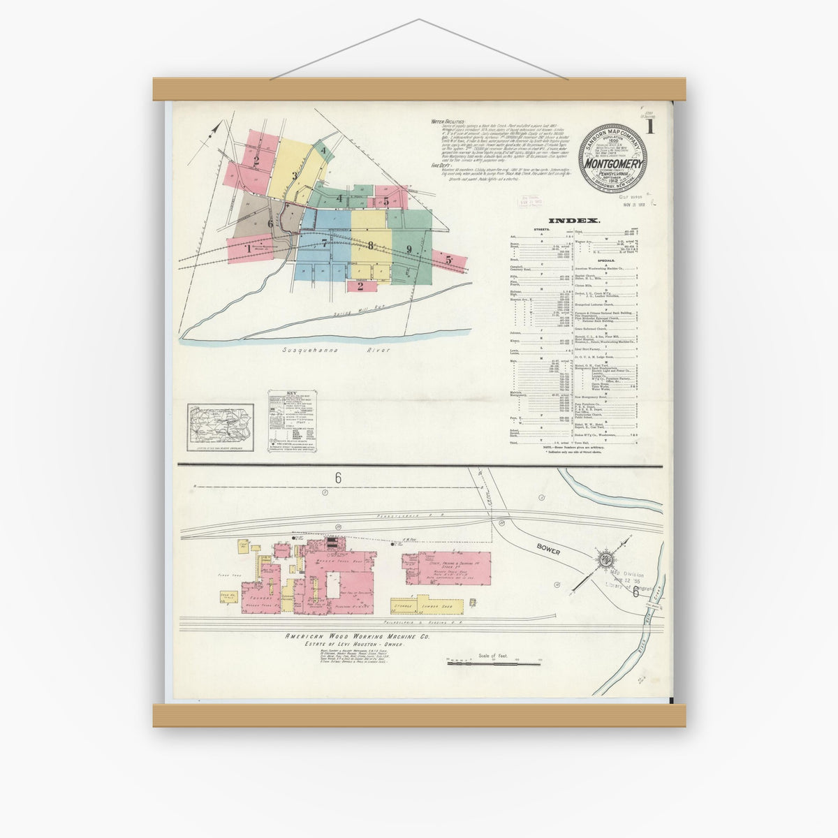 Old map wall art mockup — magnetic wood frame on white wall — Sanborn Fire Insurance Map from Montgomery, Lycoming County, Pennsylvania (1912), Sheet #0001