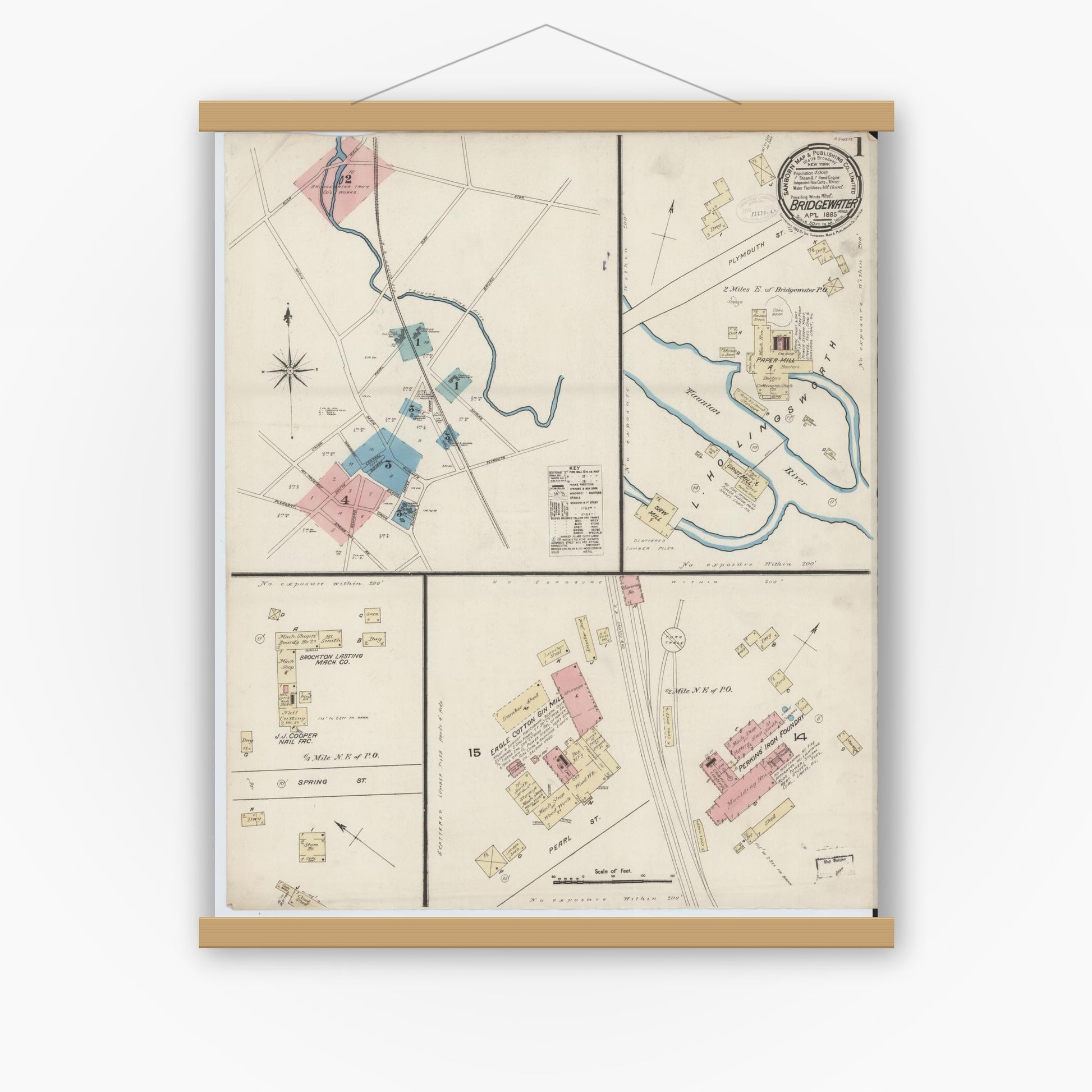 Old map wall art mockup — magnetic wood frame on white wall — Sanborn Fire Insurance Map from Bridgewater, Plymouth County, Massachusetts (1885) - Complete Map Set