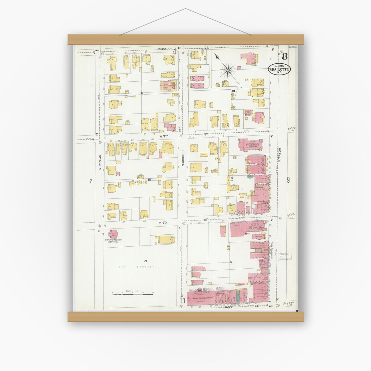 Old map wall art mockup — magnetic wood frame on white wall — Sanborn Fire Insurance Map from Charlotte, Mecklenburg County, North Carolina (1905), Sheet #0008