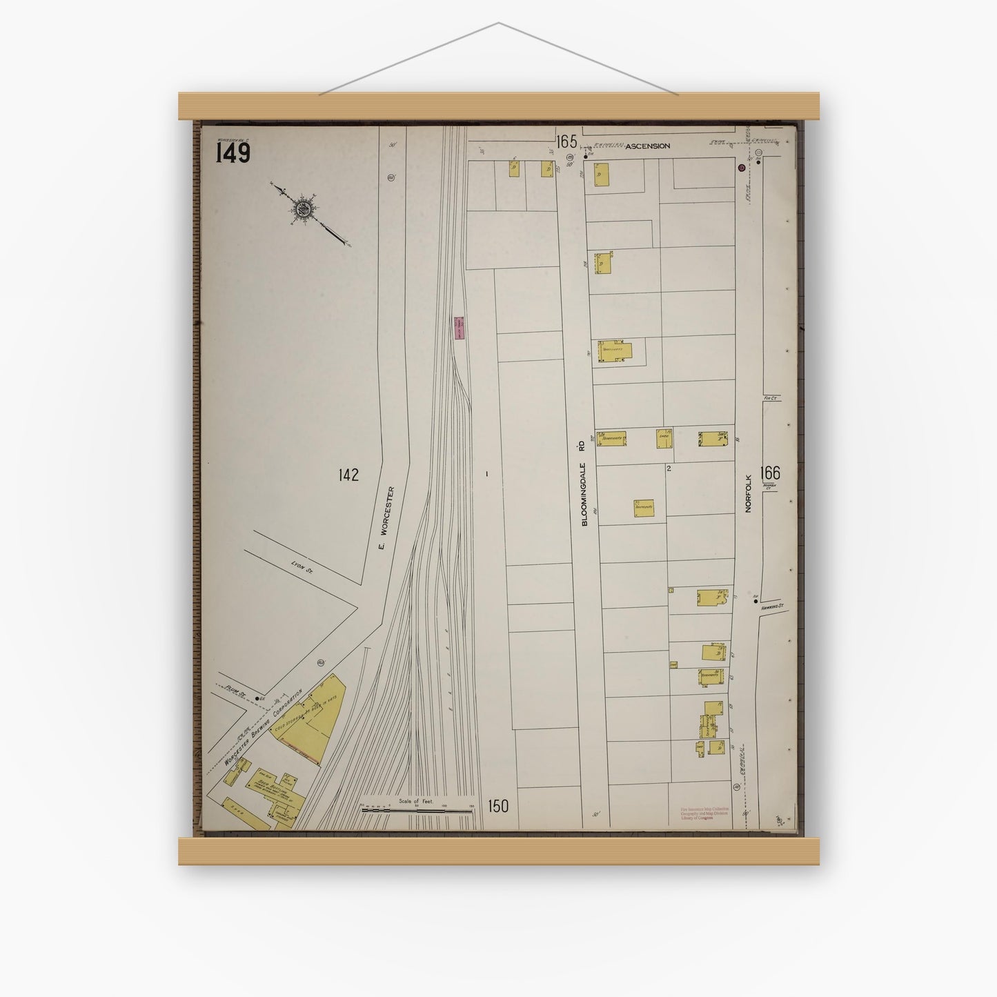 Old map wall art mockup — magnetic wood frame on white wall — Sanborn Fire Insurance Map from Worcester, Worcester County, Massachusetts (1910), Sheet #0149