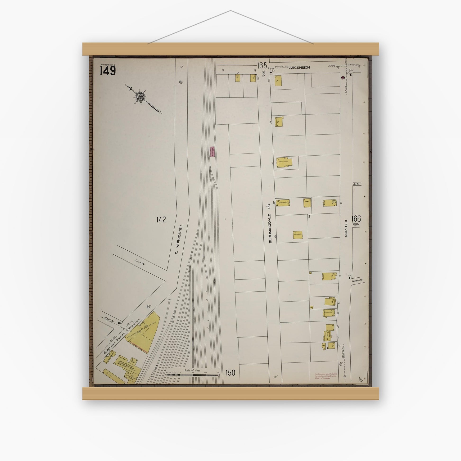Old map wall art mockup — magnetic wood frame on white wall — Sanborn Fire Insurance Map from Worcester, Worcester County, Massachusetts (1910), Sheet #0149