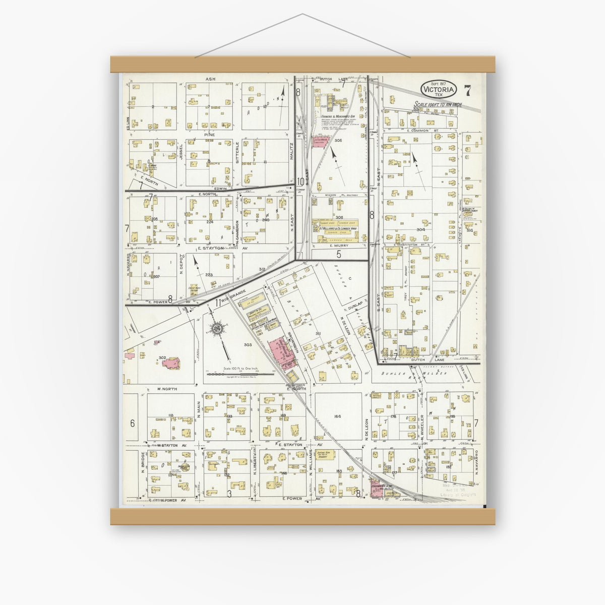 Old map wall art mockup — magnetic wood frame on white wall — Sanborn Fire Insurance Map from Victoria, Victoria County, Texas (1917), Sheet #0007