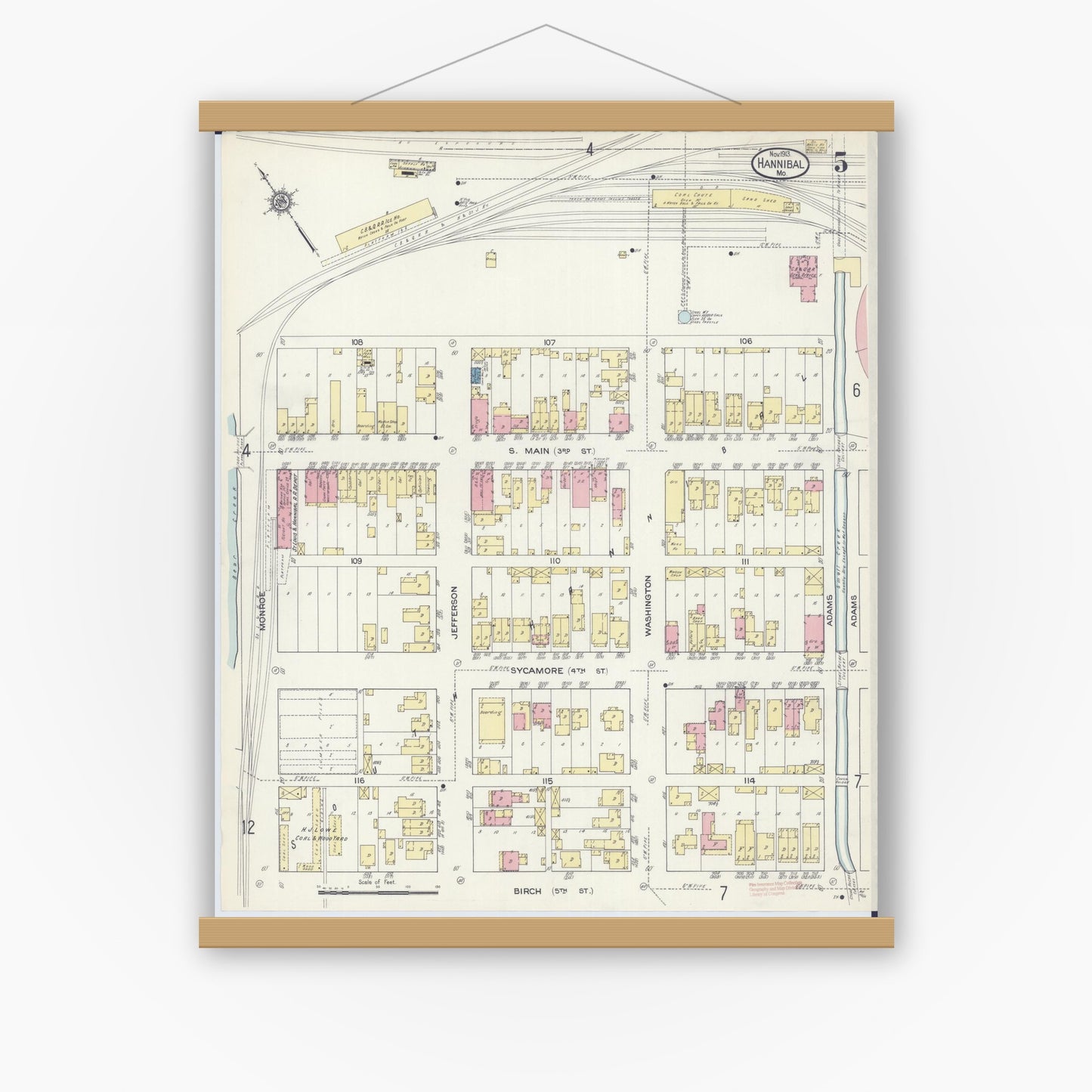 Old map wall art mockup — magnetic wood frame on white wall — Sanborn Fire Insurance Map from Hannibal, Marion County, Missouri (1913), Sheet #0005