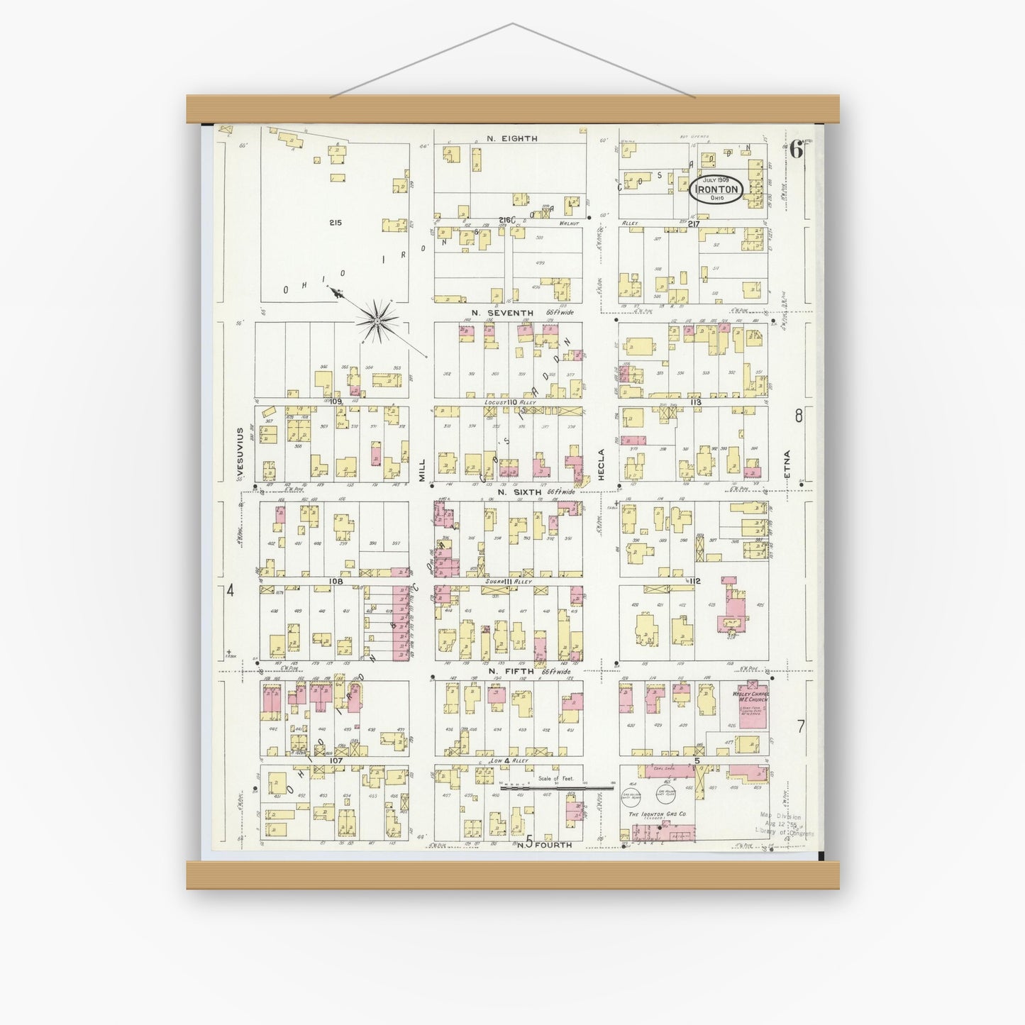 Old map wall art mockup — magnetic wood frame on white wall — Sanborn Fire Insurance Map from Ironton, Lawrence County, Ohio (1909), Sheet #0006