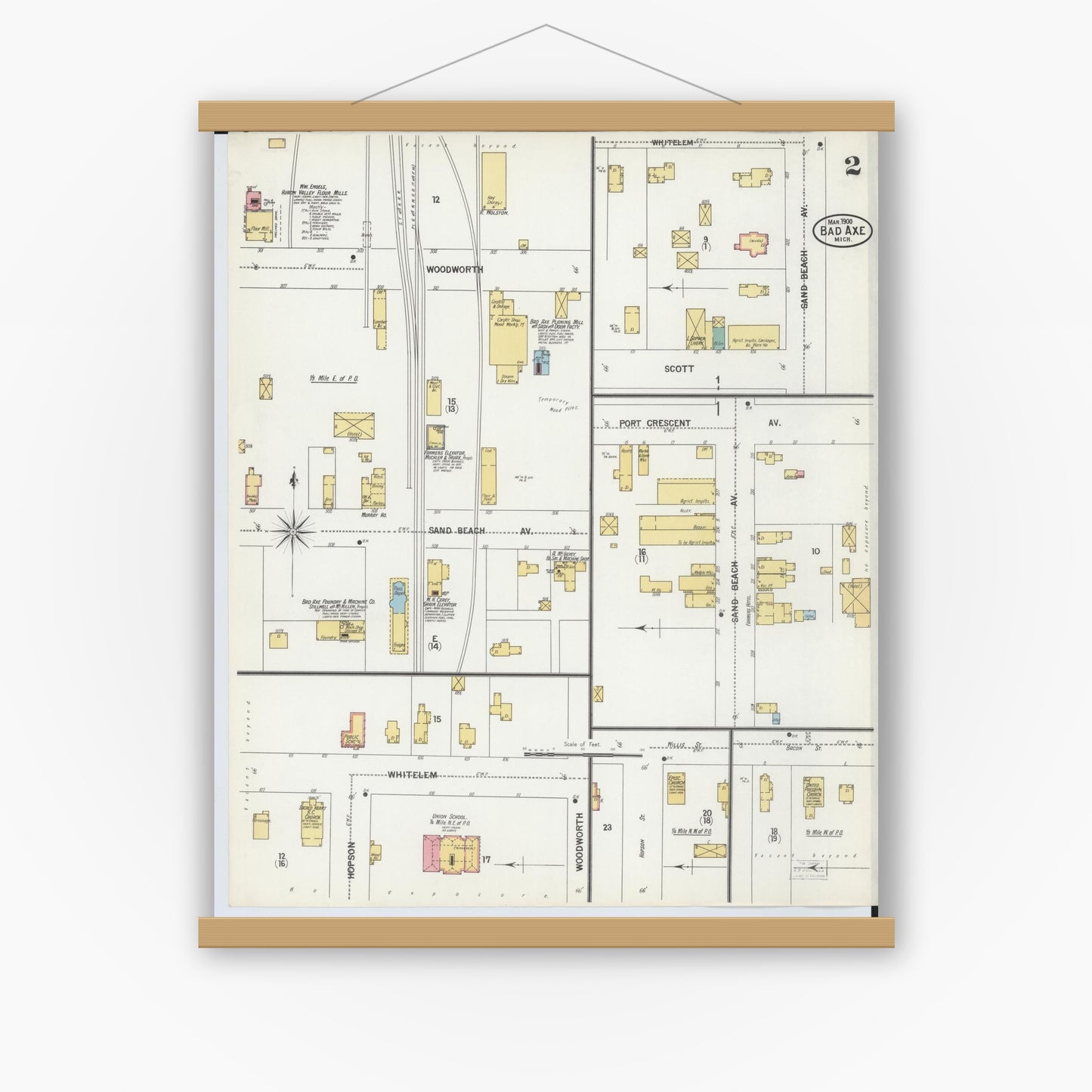Old map wall art mockup — magnetic wood frame on white wall — Sanborn Fire Insurance Map from Bad Axe, Huron County, Michigan (1900), Sheet #0002