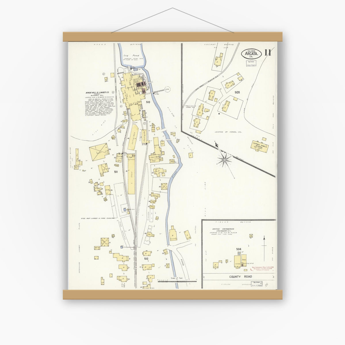 Old map wall art mockup — magnetic wood frame on white wall — Sanborn Fire Insurance Map from Arcata, Humboldt County, California (1908), Sheet #0011