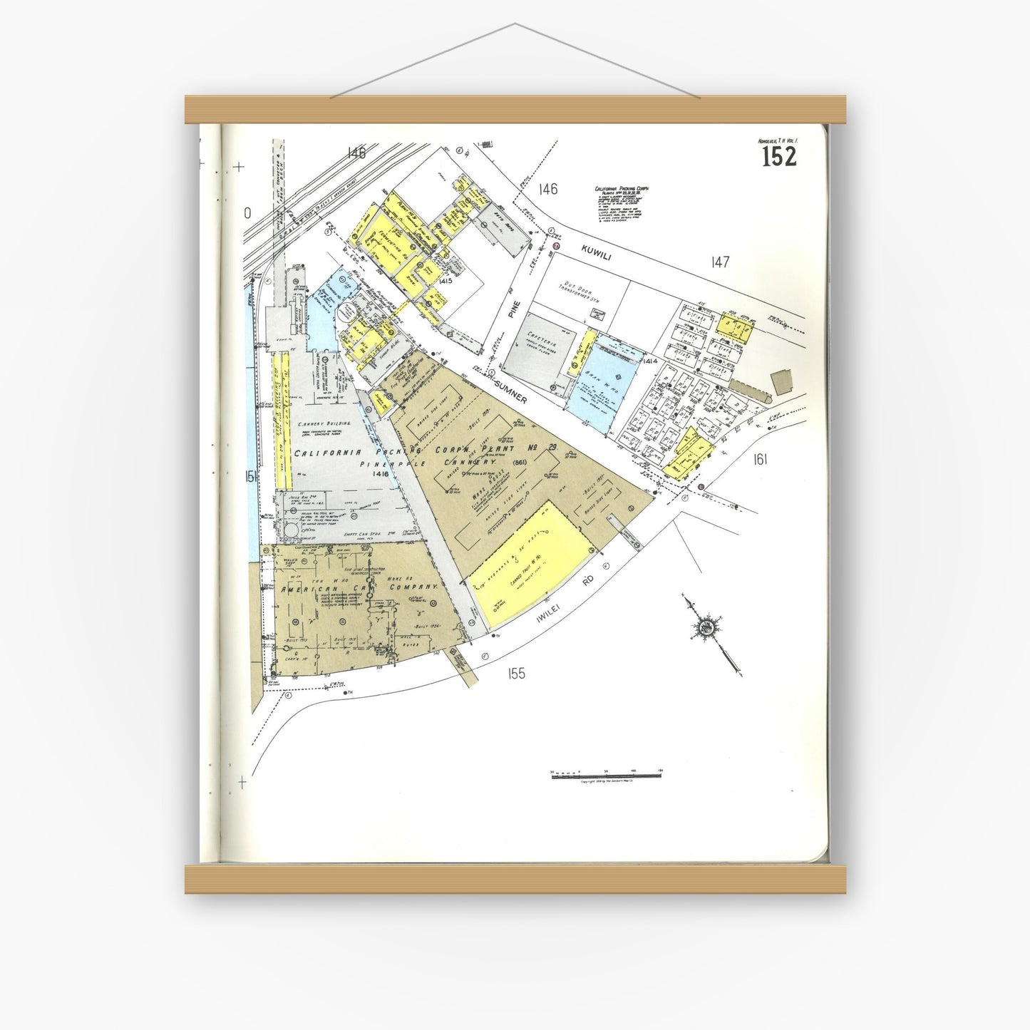 Old map wall art mockup — magnetic wood frame on white wall — Sanborn Fire Insurance Map from Honolulu, Oahu County, Hawaii (1955), Sheet #0152