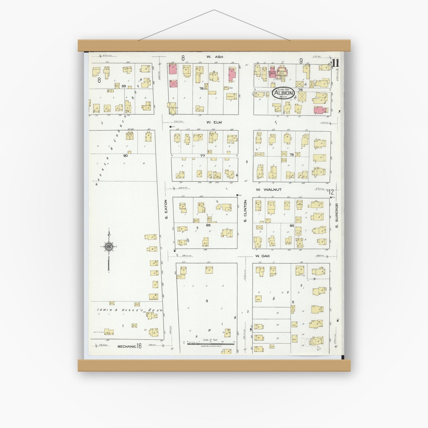 Old map wall art mockup — magnetic wood frame on white wall — Sanborn Fire Insurance Map from Albion, Calhoun County, Michigan (1918), Sheet #0011