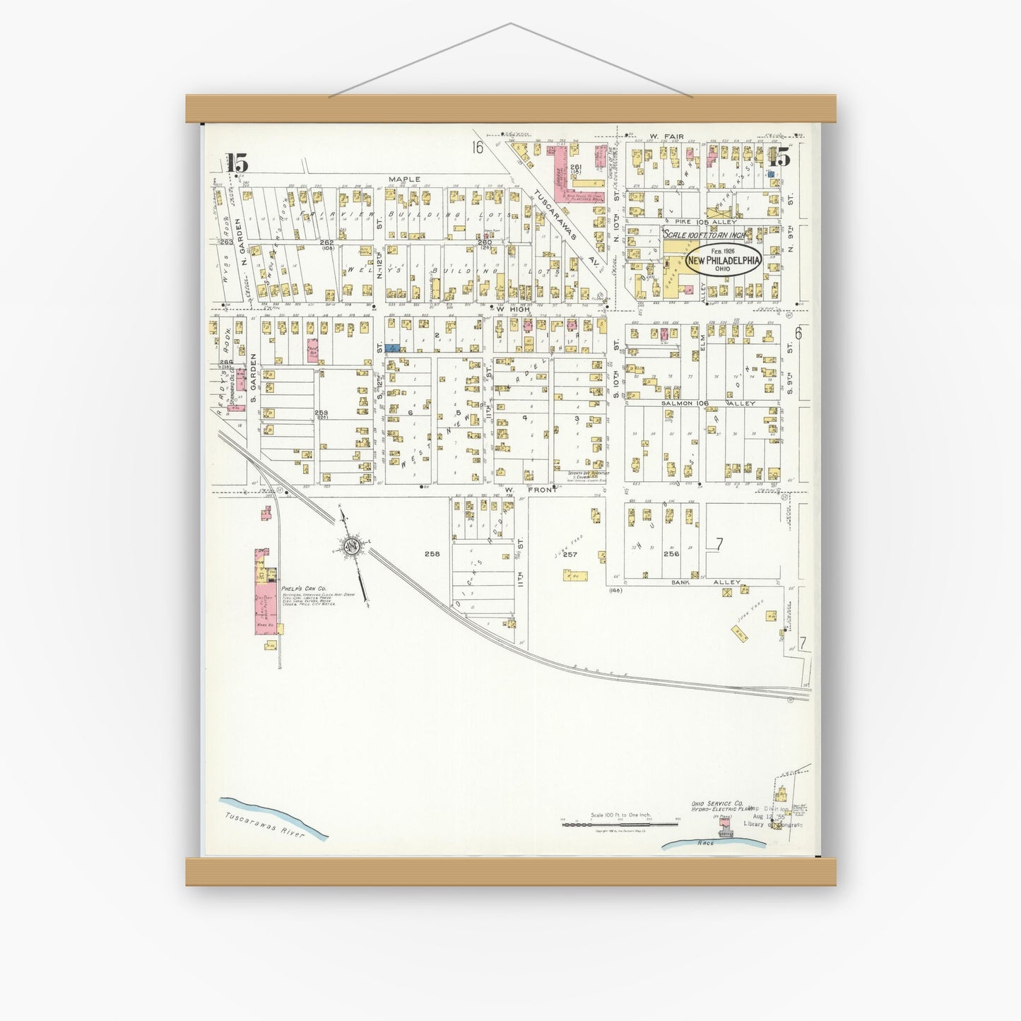 Old map wall art mockup — magnetic wood frame on white wall — Sanborn Fire Insurance Map from New Philadelphia, Tuscarawas County, Ohio (1926), Sheet #0015