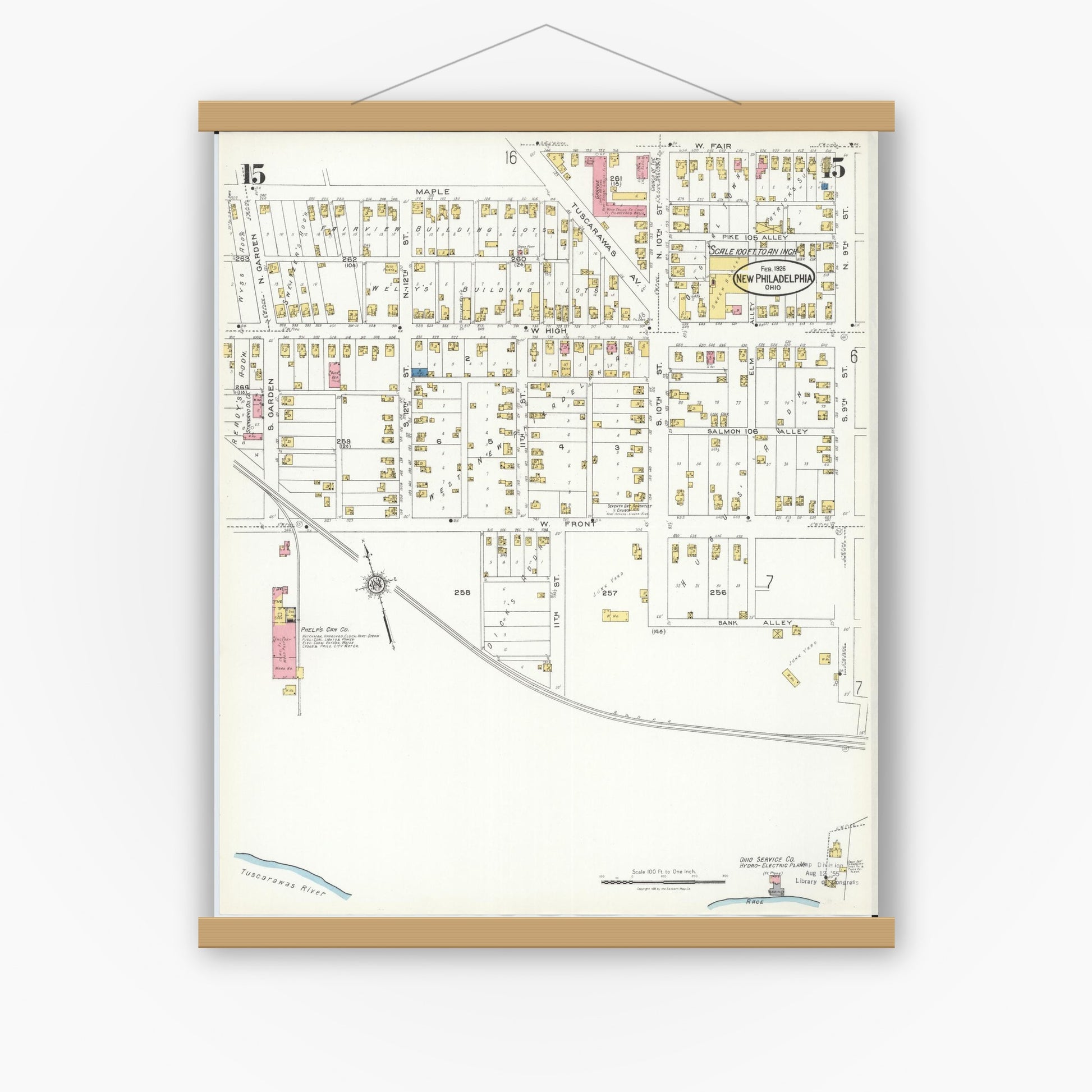 Old map wall art mockup — magnetic wood frame on white wall — Sanborn Fire Insurance Map from New Philadelphia, Tuscarawas County, Ohio (1926), Sheet #0015