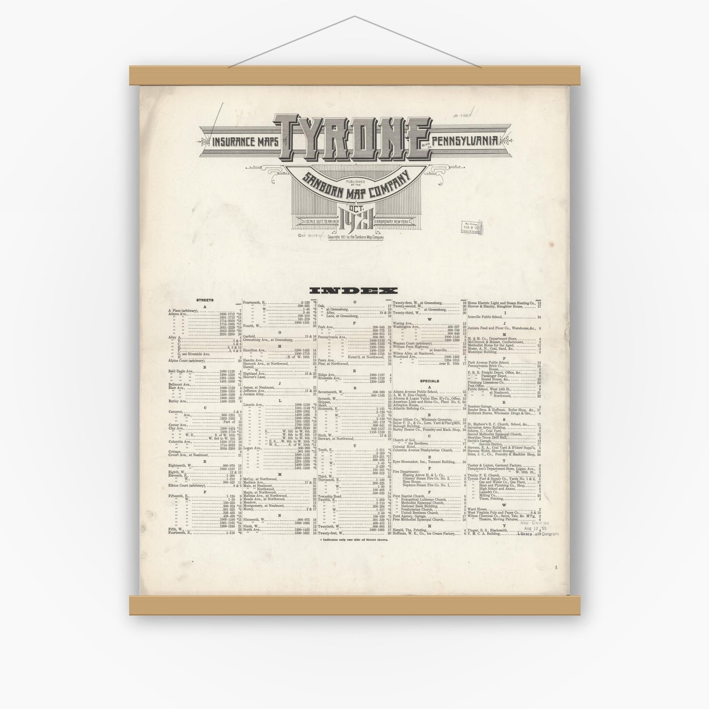 Old map wall art mockup — magnetic wood frame on white wall — Sanborn Fire Insurance Map from Tyrone, Blair County, Pennsylvania (1921), Sheet #0001